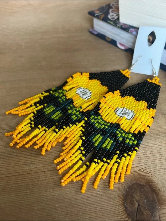 Handmade Beaded Sunflower Fringe Earrings - Yellow & Black - Picture 9 of 13